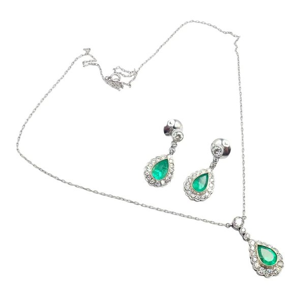 Vintage Estate Platinum Diamond Emerald Earrings Necklace Set - Picture 2 of 11
